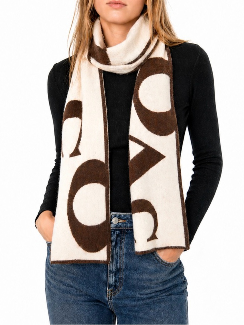 Coach Cream and Brown Signature Logo Scarf